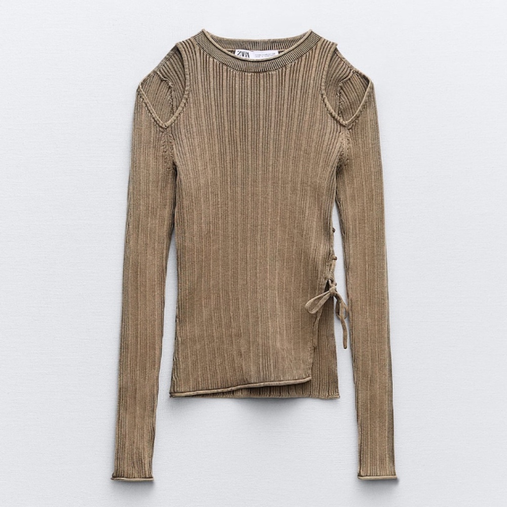 Zara light brown khaki laced cut out long sleeves ribbed cotton NWT